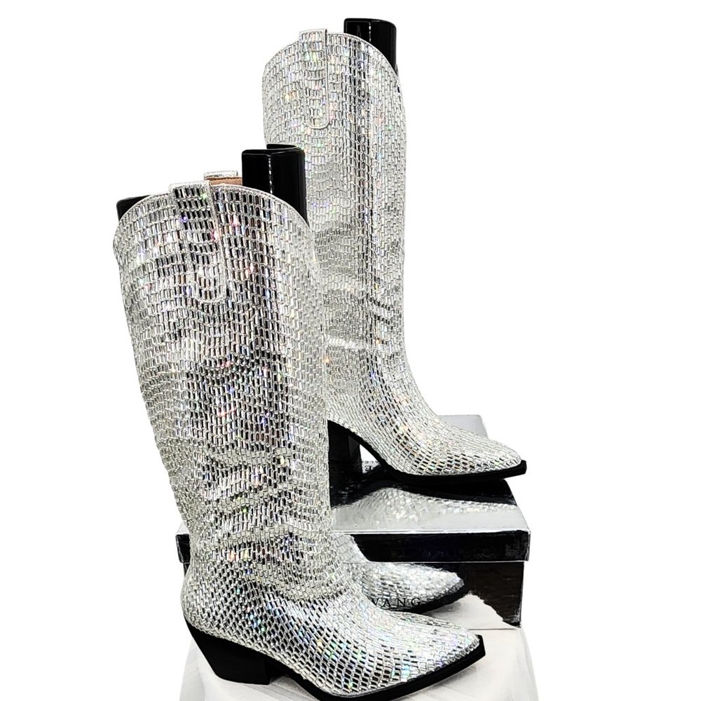 AZALEA WANG Driven Silver Sequin Mirror Tall Western Cowboy Boots 6-10 NWT - Picture 4 of 17